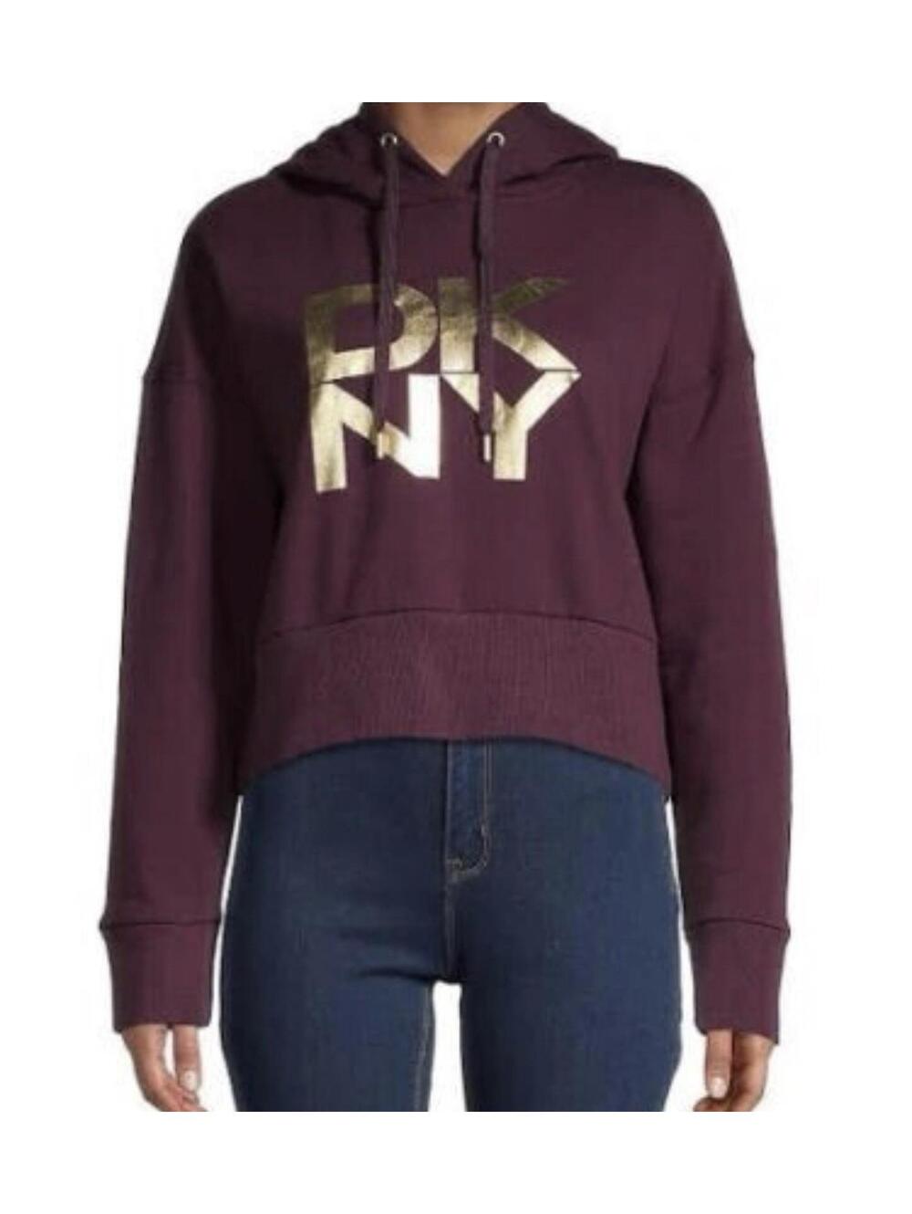 DKNY Women's Bordeaux Cotton Solid Sport Logo Graphic Pullover Hoodie Small EUC